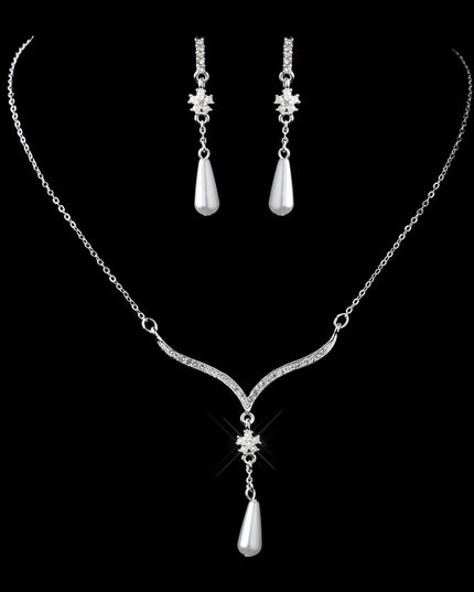 Bridal Wedding Jewelry Crystal Rhinestone Pearl Simple Elegant Y Necklace Silver