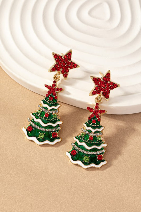 Red Star Accents Sparking Christmas Tree Holiday Fashion Drop Earrings