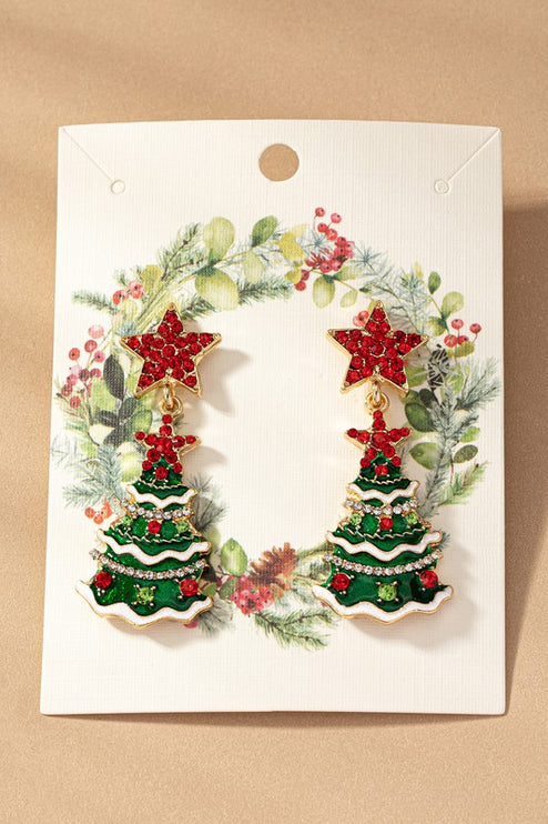 Red Star Accents Sparking Christmas Tree Holiday Fashion Drop Earrings - Accessoriesforever