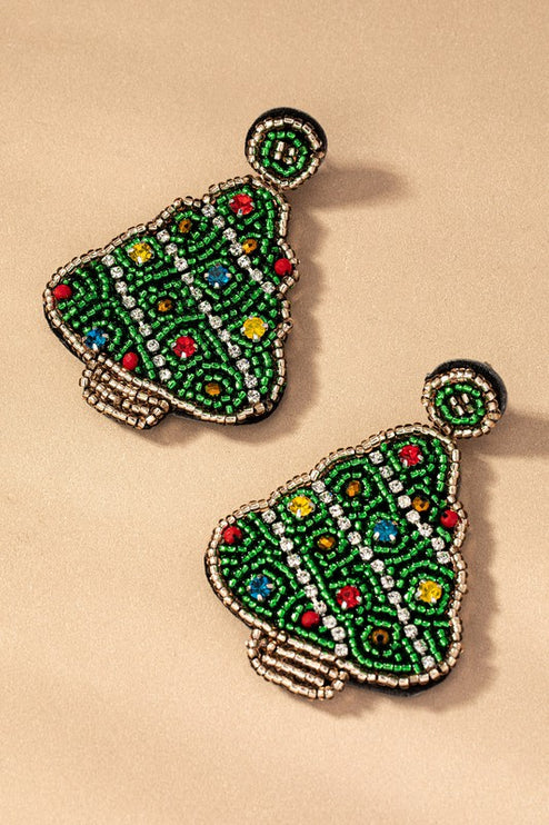 Beautiful Handcrafted Seed Bead Rhinestones Christmas Tree Holiday Drop Earrings - Accessoriesforever