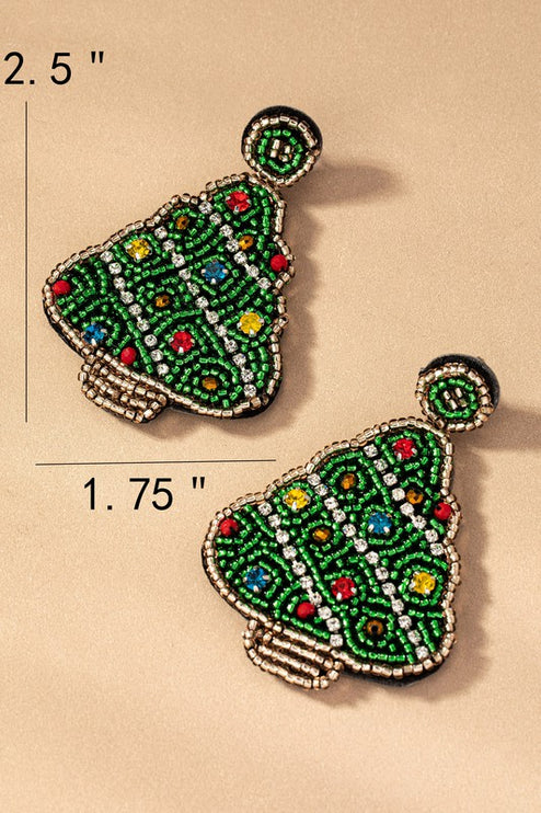 Beautiful Handcrafted Seed Bead Rhinestones Christmas Tree Holiday Drop Earrings - Accessoriesforever