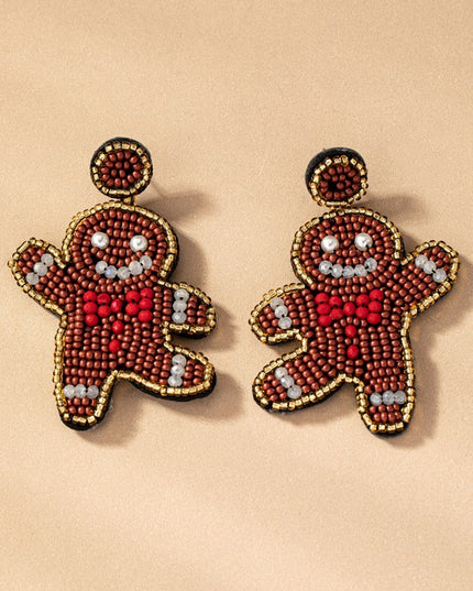 Handcrafted Gingerbread Man Seed Bead Christmas Holiday Drop Earrings