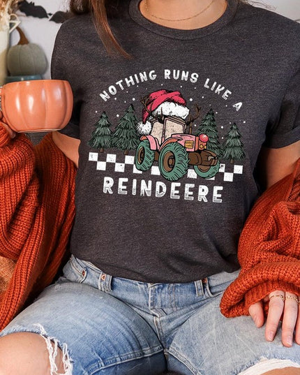 Reindeer Tractor Christmas Holiday Unisex Short Sleeve Graphic Tee T-Shirt