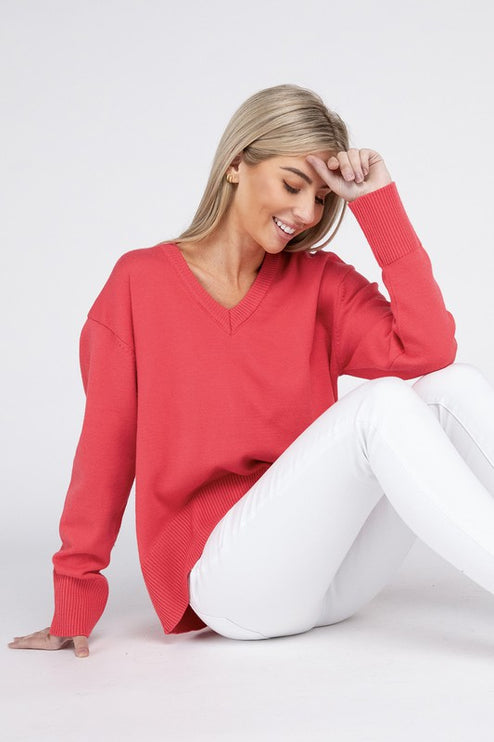 Simple Classic Casual Solid V-neck Long Sleeve Fashion Top Sweater