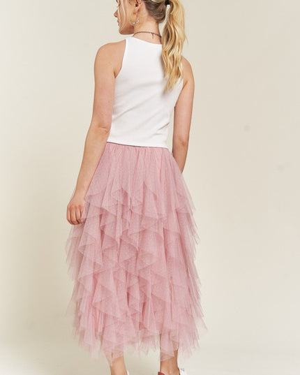 Elegant Layered Polka Dot Mesh A-Line Elastic Waist Midi Skirt