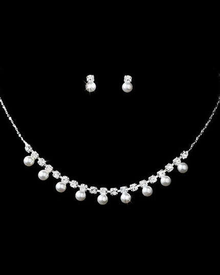 Bridal Wedding Jewelry Set Crystal Rhinestone Elegant Pearl Necklace Silver