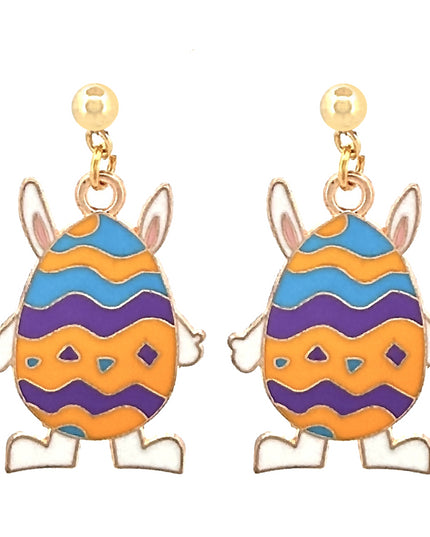 Easter Egg Bunny Enameled Charm 24K Gold Plated Hypoallergenic Stud Post Dangle Earrings Purple Orange