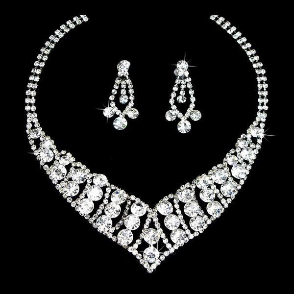 Bridal Wedding Jewelry Set Crystal Rhinestone Bubbly V Drop Necklace