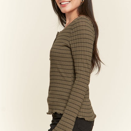 Casual Classic Button Detail Round Neck Striped Fashion Top - Accessoriesforever