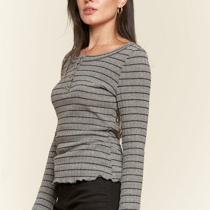Casual Classic Button Detail Round Neck Striped Fashion Top - Accessoriesforever