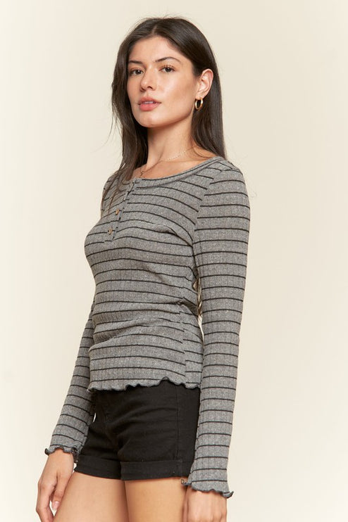 Casual Classic Button Detail Round Neck Striped Fashion Top