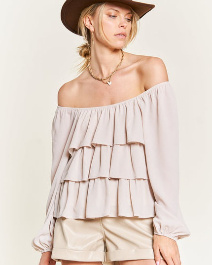 Romantic Off-Shoulder Tiered Flounce Blouse in Crinkled Chiffon