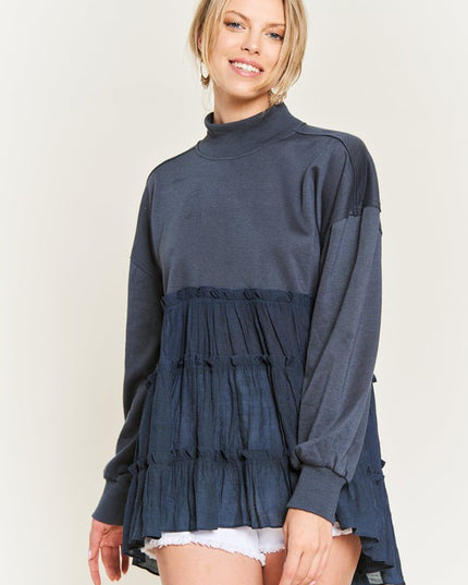 Oversized Mock Neck Tunic with Shirred Woven Tier