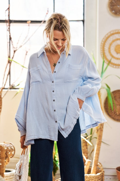 Relaxed Gauze Button-Down Shirt with Raw Edges and Flowy Fit