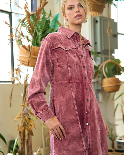 Vintage Wash Corduroy Shirt Dress with Snap Buttons