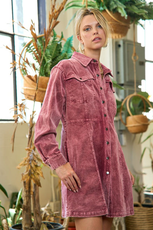 Vintage Wash Corduroy Shirt Dress with Snap Buttons
