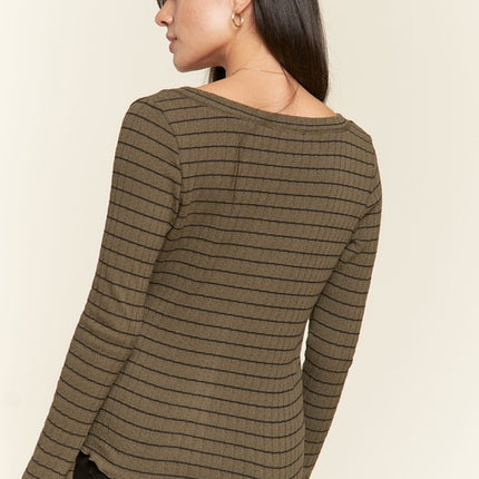 Casual Classic Button Detail Round Neck Striped Fashion Top - Accessoriesforever