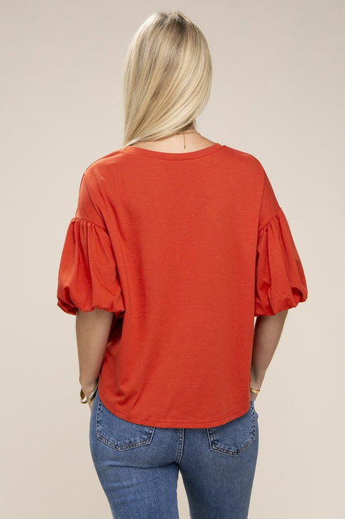 Simple Solid Cute Round Neckline Bubble Short Sleeve Fashion Top Shirt