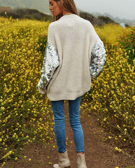Beautiful Sequin Sleeve Design Tunic Top Knit Sweater