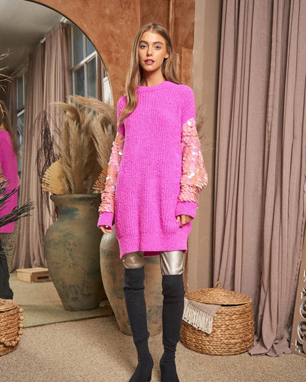 Beautiful Sequin Sleeve Design Tunic Top Knit Sweater