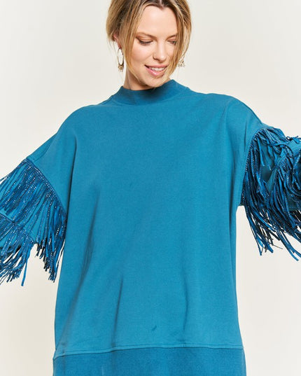 Western-Inspired Oversized Pullover with Suede Fringe and Stud Trim
