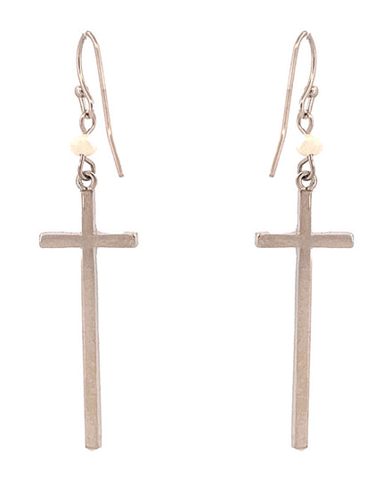 Elegant Simple Cross Charm Pearl Long Fashion Dangle Earrings Silver