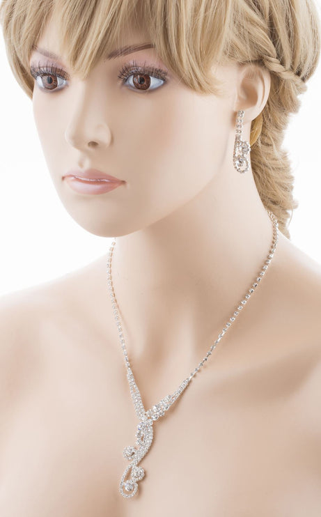 Bridal Wedding Jewelry Set Crystal Rhinestone Dazzle Y Drop Swirl Necklace SV