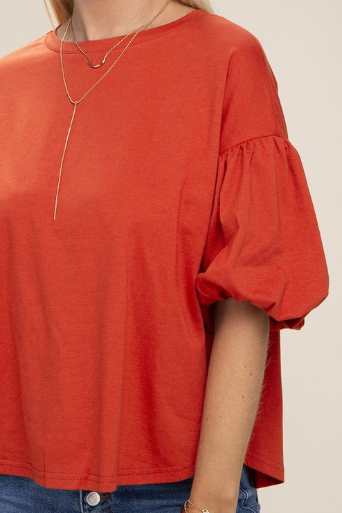 Simple Solid Cute Round Neckline Bubble Short Sleeve Fashion Top Shirt