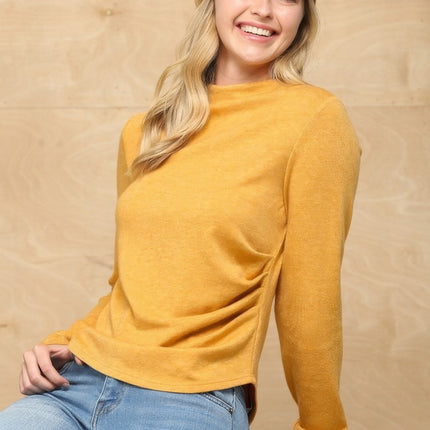 Soft Knit Mock Neck Long Sleeve Top with Side Ruched Detail - Accessoriesforever