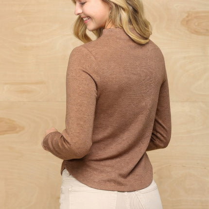 Soft Knit Mock Neck Long Sleeve Top with Side Ruched Detail - Accessoriesforever