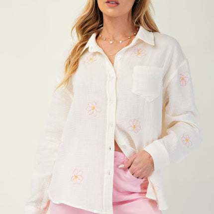 Embroidered Cotton Gauze Button-Down Shirt with Floral Details - Accessoriesforever