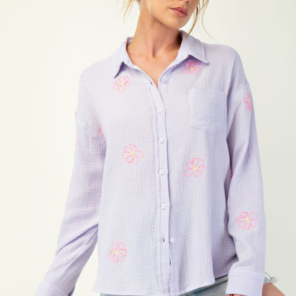 Embroidered Cotton Gauze Button-Down Shirt with Floral Details - Accessoriesforever