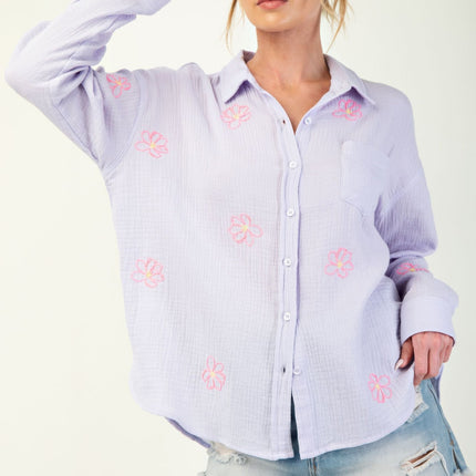 Embroidered Cotton Gauze Button-Down Shirt with Floral Details - Accessoriesforever