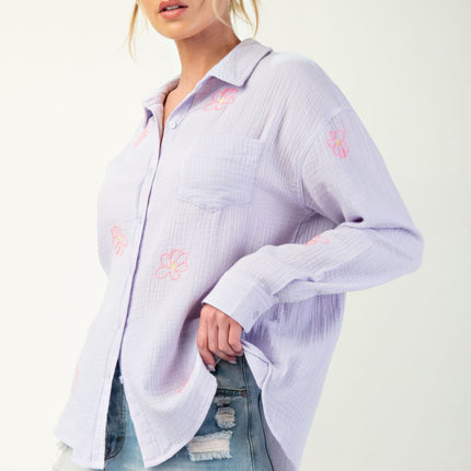 Embroidered Cotton Gauze Button-Down Shirt with Floral Details - Accessoriesforever