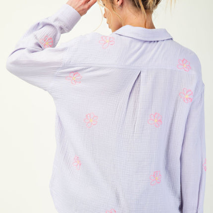 Embroidered Cotton Gauze Button-Down Shirt with Floral Details - Accessoriesforever