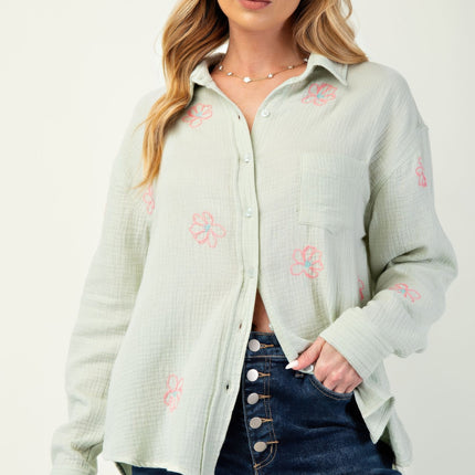Embroidered Cotton Gauze Button-Down Shirt with Floral Details - Accessoriesforever