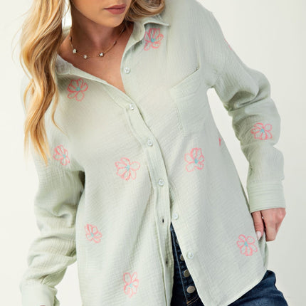 Embroidered Cotton Gauze Button-Down Shirt with Floral Details - Accessoriesforever