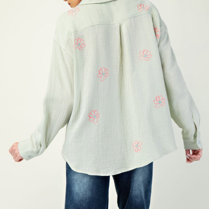 Embroidered Cotton Gauze Button-Down Shirt with Floral Details - Accessoriesforever
