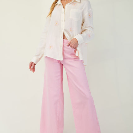 Embroidered Cotton Gauze Button-Down Shirt with Floral Details - Accessoriesforever