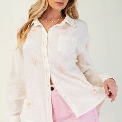 Embroidered Cotton Gauze Button-Down Shirt with Floral Details - Accessoriesforever
