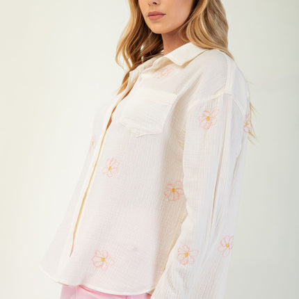 Embroidered Cotton Gauze Button-Down Shirt with Floral Details - Accessoriesforever