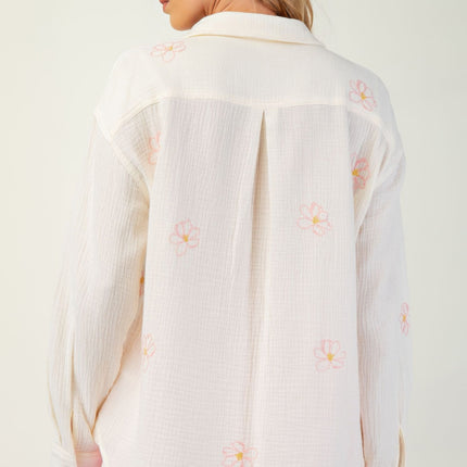 Embroidered Cotton Gauze Button-Down Shirt with Floral Details - Accessoriesforever