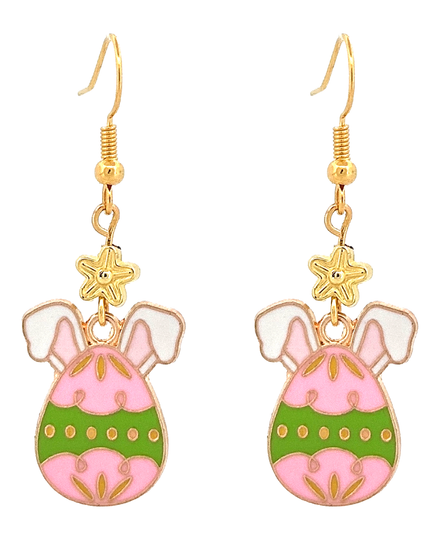 Easter Egg Bunny Enameled Charm Fashion Dangle Earrings Green Pink