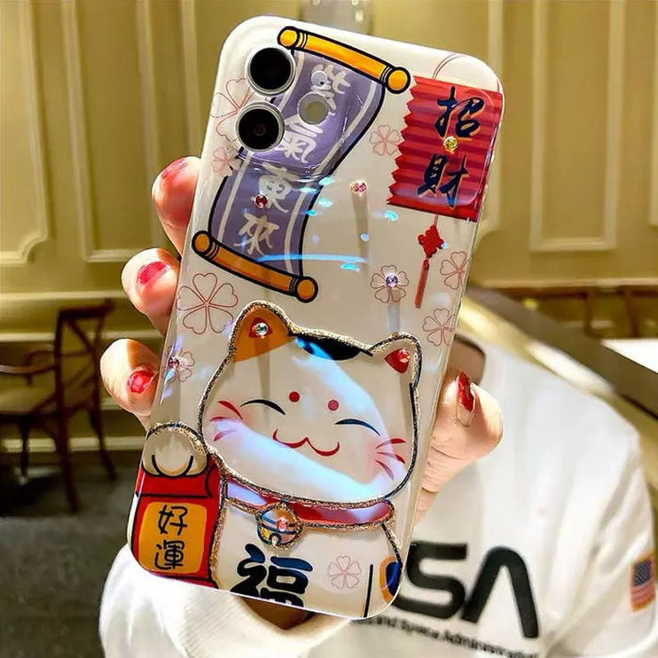Cute Cartoon Lucky Cat Sparkling Phone Case Cover For iPhone 15 14 13 12 11 Pro Max Plus