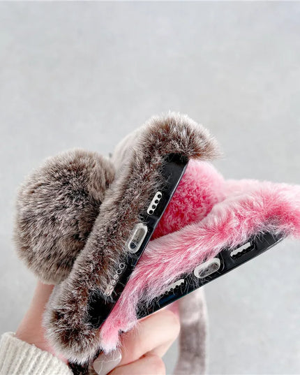 Adorable Fluffy Rabbit Plush Soft Fur Shoulder Strap Phone Case Cover For iPhone 15 14 13 12 Pro Max