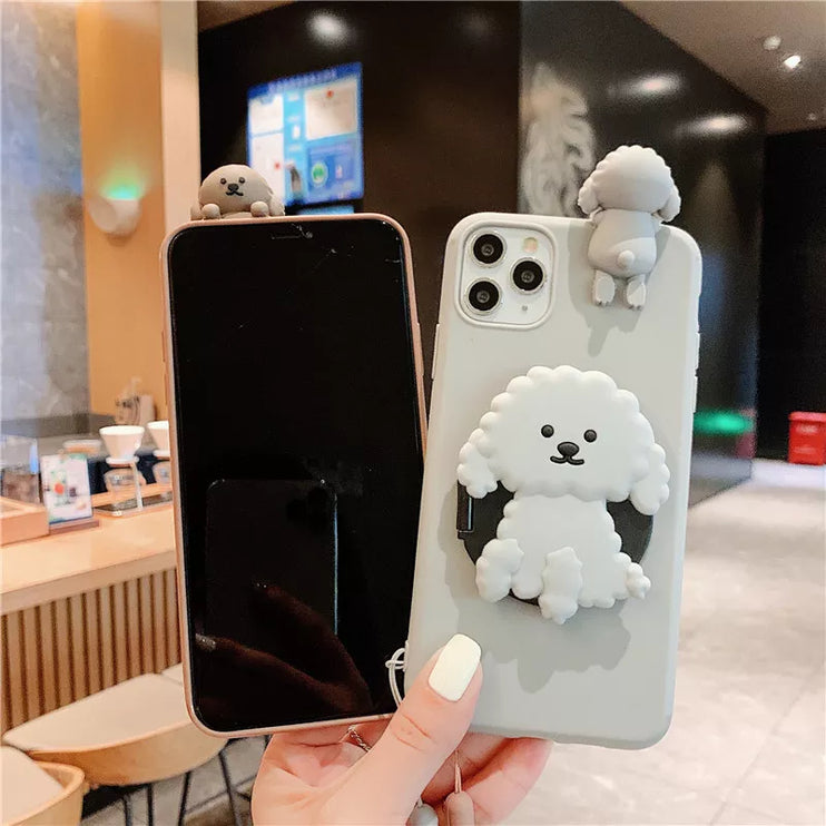 Cute Cartoon 3D Dog Mirror Stand Wrist Strap Phone Case Cover For iPhone