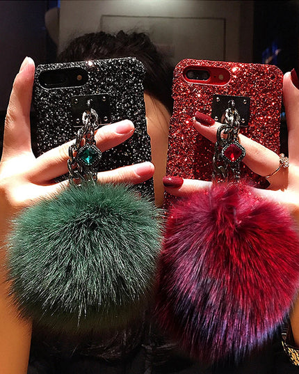 Glamorous Luxury Crystal Hairball Charm Strap Phone Case Cover for iPhone