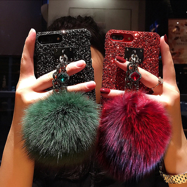 Glamorous Luxury Crystal Hairball Charm Strap Phone Case Cover for iPhone