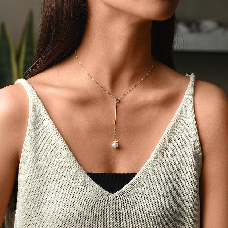 Simple Classy Pearl with Bar Pendant Drop Necklace