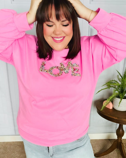 Pink "LOVE" Jewel Beaded Patch Pullover Top